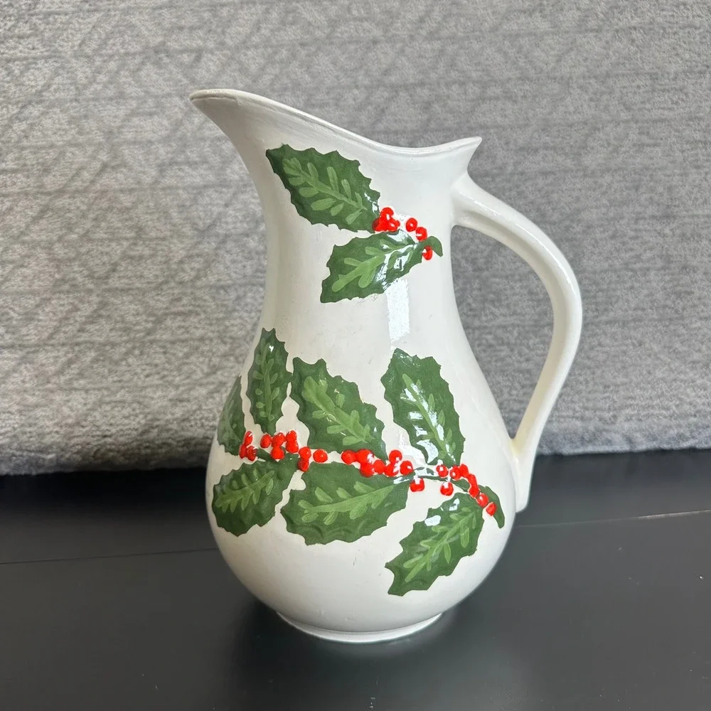White Pitcher Vintage Holly Berry Christmas Ceramic‎ Decorative